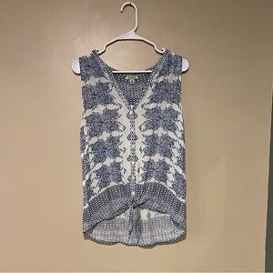 Lucky Brand Women Blouse Top Sleeveless Front Tie M Blue Aztec Print Western